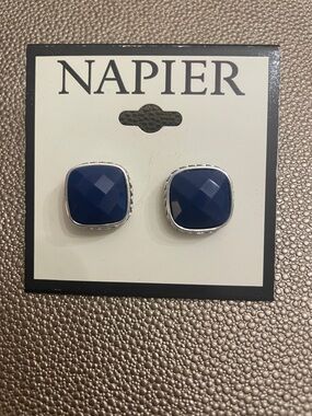Napier Navy Blue Faceted Cushion-Shape Stud Earrings